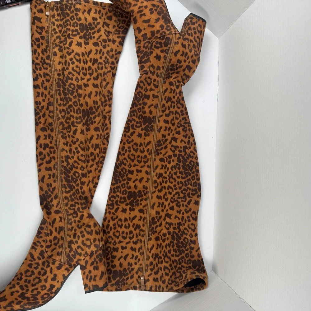 Torrid Womens Leopard Print Over The Knee Boots Pointed Toe Block Heel 8W Brown